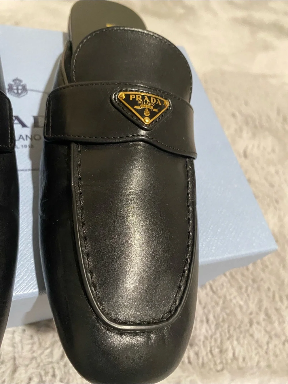 Prada Black Leather Logo Loafer Mules Slide